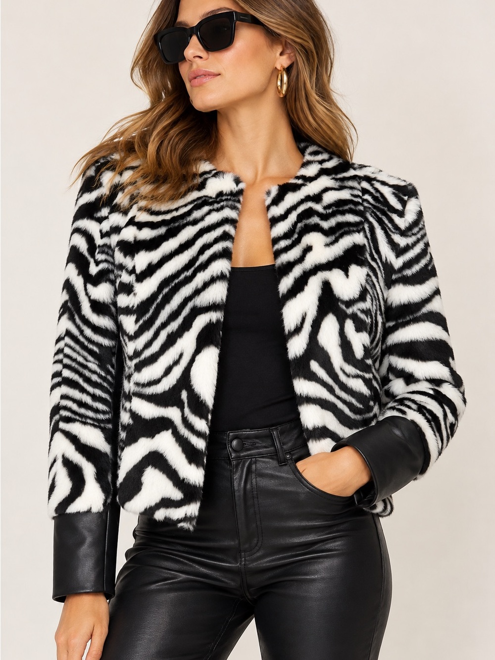 NY&C Zebra Faux Fur Cropped Jacket XS/S Y2K Vegan Leather Statement Coat